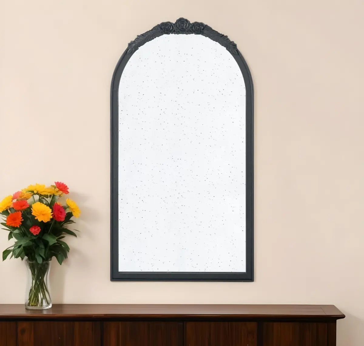 360 Stand 42 in. Large Vintage Wall Mount Arch Wood Mirror - Black Crowned Top, Antiqued Glass, Antique Finish Mid-Top Frame, Easy Installation Home Decor Accent Mirror, Vintage Styled Mirror
