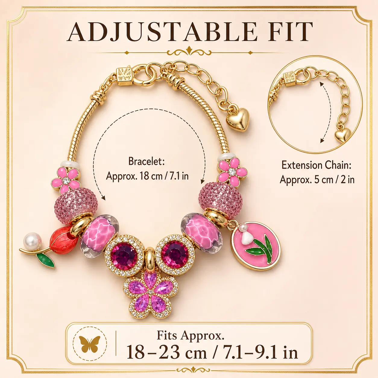 Women's Artificial Gems Pink Crystal Butterfly Charm Bracelet - Flower Hearts, Beading Detail, Unisex Jewelry Gift for Her, Bracelets Women's Artificial Gems Pink Crystal Butterfly Charm Bracelet - Flower Hearts, Beading Detail, Unisex Jewelry Gift for Her, Bracelets