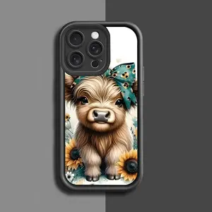 Highland Cow Sunflower Creative Pattern TPU Case for iPhone 17 Pro Max 16 16e 15 14 Plus 13 12 Mini 11 Air X XS Straight Edge Drop-Resistant Rugged Durable Cover Shell Gift 2D printing