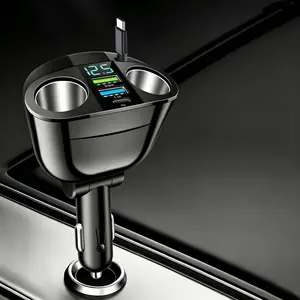 Summer Travel，2026 New Upgraded 6-in-1 Retractable Car Charger [C-Cable] Cigarette Lighter Splitter, QC3.0 & PD 66W Ultra-Fast Car Charger, with Dual Cigarette Lighter Plugs and LED Voltmeter, Compatible with iPhone 14 Pro, iPad, Dashcam, GPS (PD+QC+2.4A)