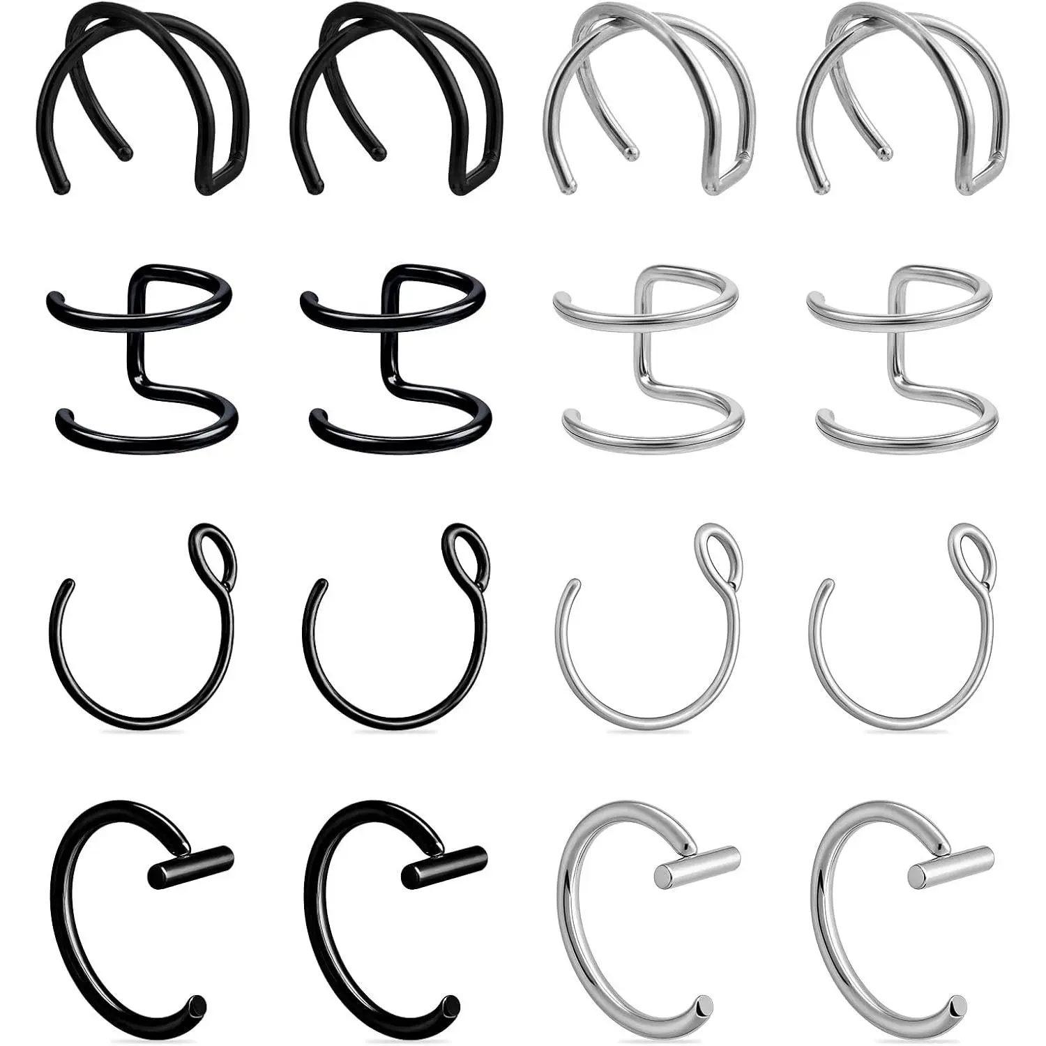 Lip Piercings, 16 count 8mm Stainless Steel  Lip Rings False Lip  Double Cartilage Helix Earrings Ear Cuff for Women Men (, Black)