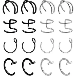 Lip Piercings, 16 count 8mm Stainless Steel  Lip Rings False Lip  Double Cartilage Helix Earrings Ear Cuff for Women Men (, Black)