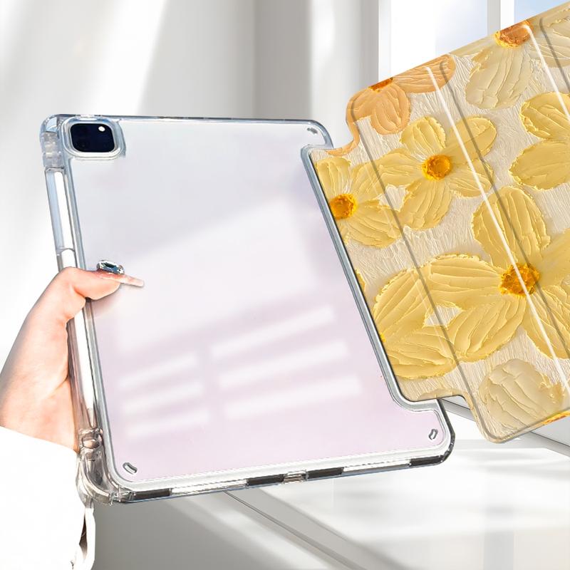 Textured Yellow Floral Design iPad Case, Tablet Casing, Tablet Accessories, Transparent Acrylic Stand Cover, Pencil Holder & Charger Slot, Fits iPad Pro/air/mini, Shock-resistant Protective Case for Office, School & Home
