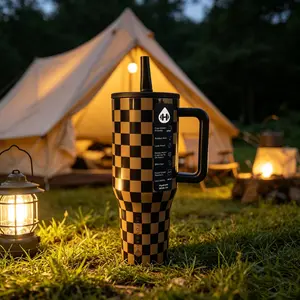 HydroJug Traveler 40 oz Insulated Coffee-Patterned Tumbler - New Vacuum Design, Portable Drinkware Flask for Camping, Travel, Office; Birthday Surprise Option, Flasks