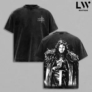 Winter is Coming Jon Snow Double Printed T-Shirt, Game of Thrones Stark Direwolf Graphic Tee, Vintage Washed  Streetwear Gift for GoT Fans Merch