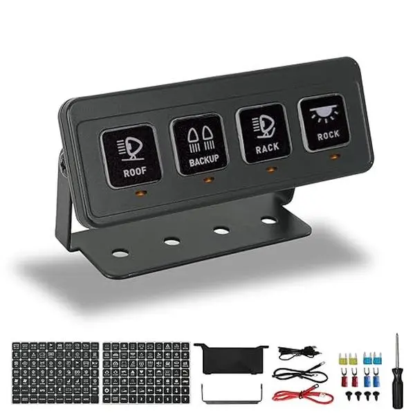 SUNPIE Wireless 4 Gang Switch Panel,Multifunction Toggle Circuit Control Relay System Box with 2 Light Memory Automatic Dimmable Switch Panel Function Waterproof Multifunction Offroad LED Light Switch Pod Electronic Relay for Truck Car UTV Easy Install fa