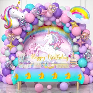 144Pcs Unicorn Birthday Party Kit – Purple, Pink & Blue Balloon Arch, Tablecloth, Foil Balloons, and Rainbow Decor for Girls' Unicorn Theme Party