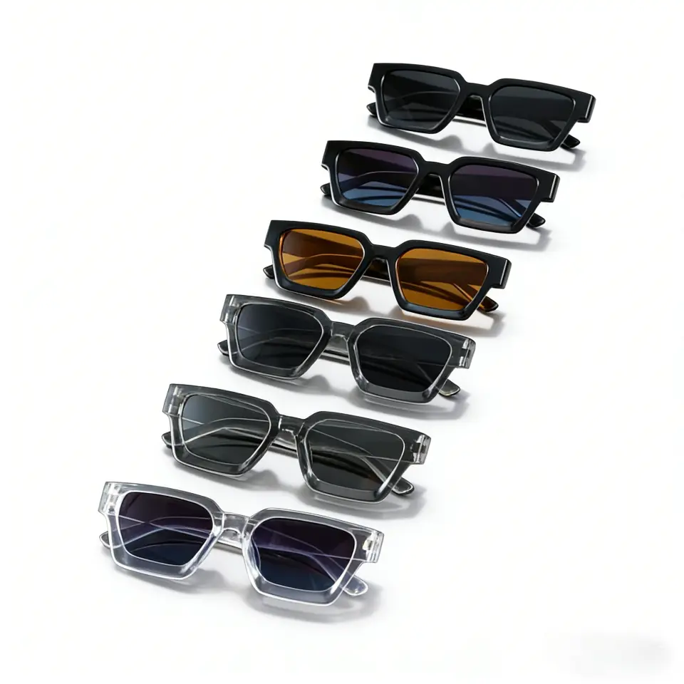 Unisex rectangular plastic sunglasses, available in packs of 3-6 pairs, suitable for everyday wear and concerts. Tinted Lenses Polarized