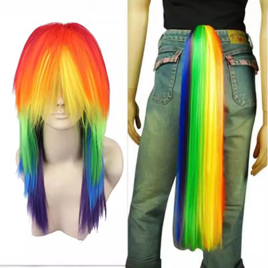 Long Cosplay Wig with Ponytail Extension, 40cm My Little Pony Inspired Design with Vibrant Stripes, Synthetic Fiber for Cosplay Enthusiasts, Rainbow Wig, Female Wear, Halloween Fun, Highlight Accents, Straight Cut