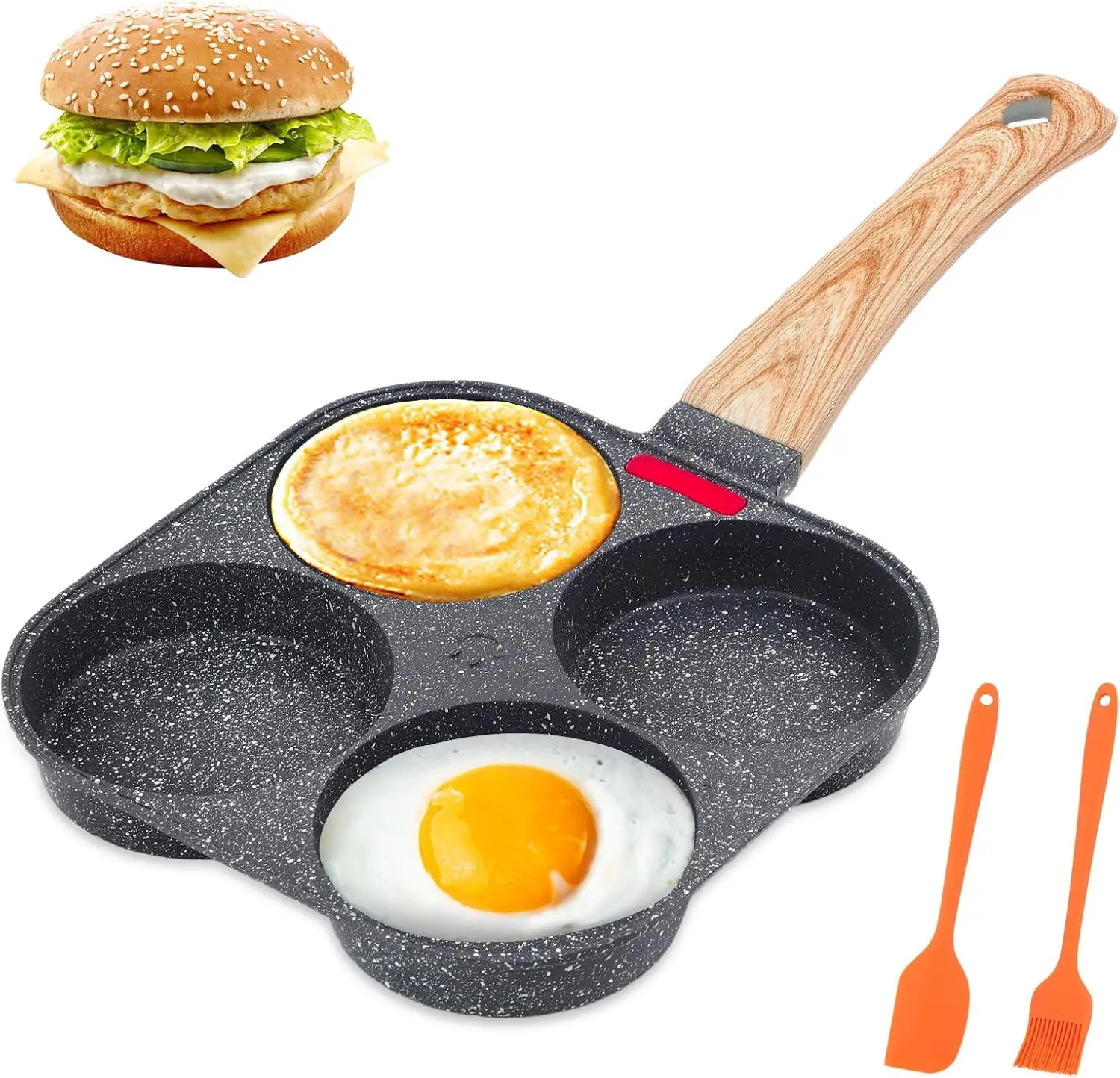 Nonstick 4-Cup Egg Pan, Healthy Aluminum Omelette Skillet with Insulation, Multi-Functional for Fried Eggs, Pancakes, Compatible with Gas Stoves & Induction Cookware, Multi-Functional Use