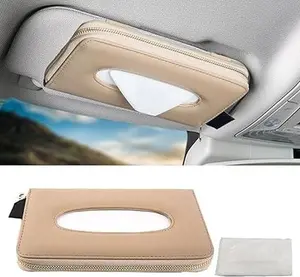 Car Tissue Holder, Car Sun Visor Tissue Box Holder, , Leather Car Tissue Napkin Case, Universal Car Hanging Paper Towel Clip for SUV, RV, Truck ( Beige)