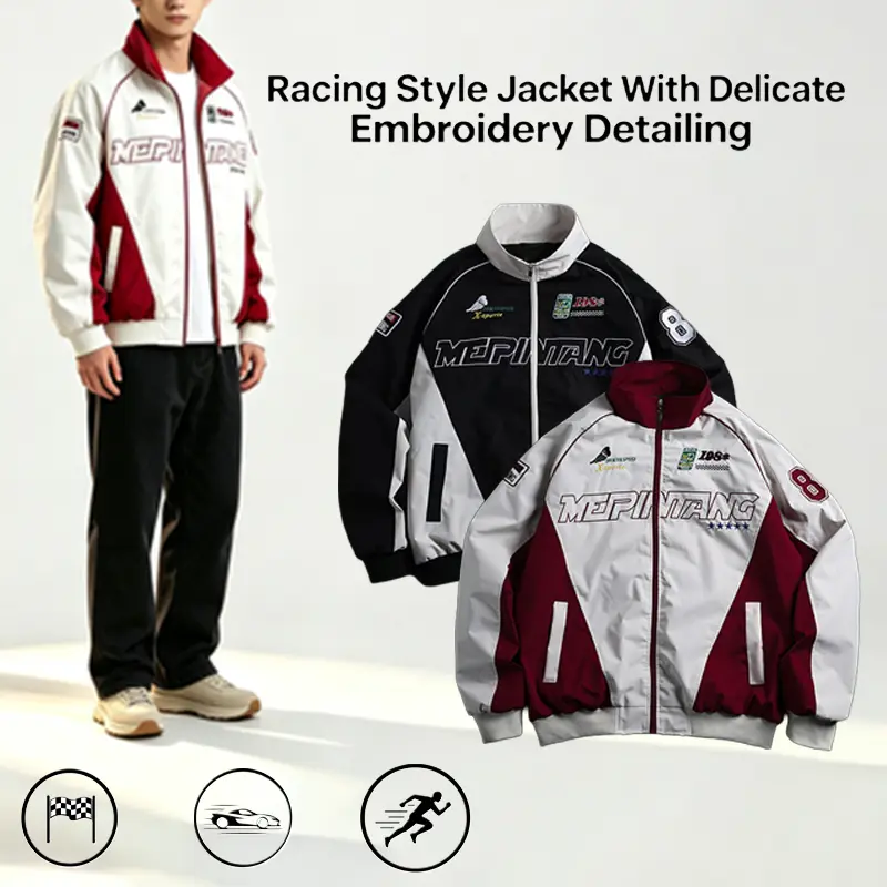 American-style racing jacket for men, spring/autumn biker outerwear with color-block panels and letter print, trendy loose fit, stand collar, suitable for cycling and couples’ matching outfits. windbreakers