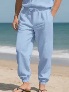 Men's Casual Loose Linen Plain Long Jogger Pants for All Seasons, Trendy Beachwear in Plus Size, Comfortable Athletic Pants for Relaxed Fit