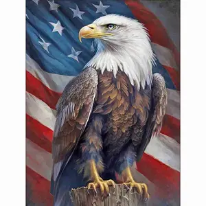American Bald Eagle With US Flag Background, Patriotic Wildlife Art 5D Full Drill Round & Square Diamond Painting Kit, DIY Rhinestone Cross Stitch, USA Flag & Eagle Wall Decor, American Pride Handmade Gift