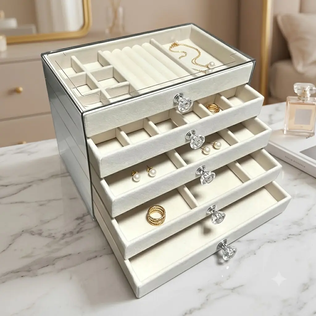 Women's 5-Drawer Acrylic Home Jewelry Organizer - Velvet-Lined Dustproof Storage Case, Multi-Compartment Trays Accessory Holder, Stackable Vanity Dresser Display Container, Gift for Rings Earrings Necklaces Bracelets