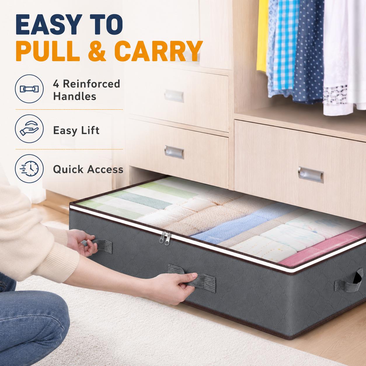 UNIQDESIGN Minimalist 90L Under Bed Storage Containers, 2-Pack Grey Travel Organizers with Visible Transparent Top Lids, Full Zip Closure for Student Clothes, Window Nook Organization