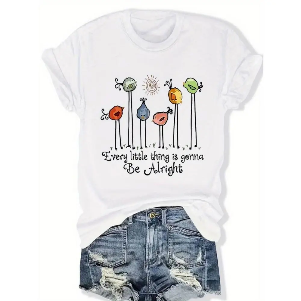 Every Little Thing Is Gonna Be Alright Floral Graphic Tee Women Cute Positive Quote T Shirt Soft Cotton Crewneck Casual Short Sleeve Summer Outfit Clothes Customized