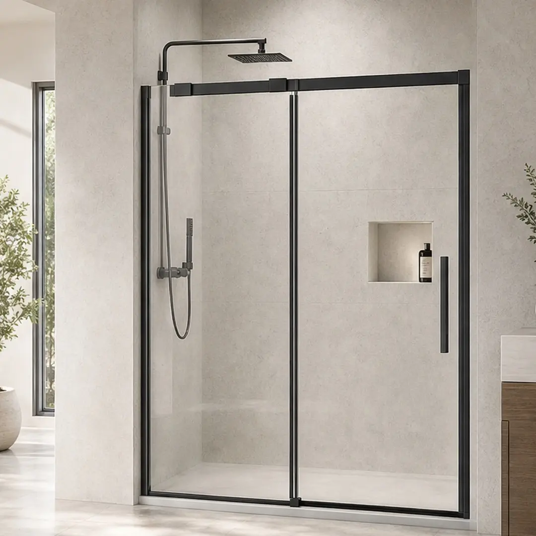 Frameless Glass Shower Doors, 46-48x76" Adjustable Sliding Panel Enclosure, 5/16 Inches Tempered Glass, Matte Black Aluminium, Reversible Left/Right, Waterproof Seal, Modern, ANSI Certified, Easy Install, Bathroom Upgrade