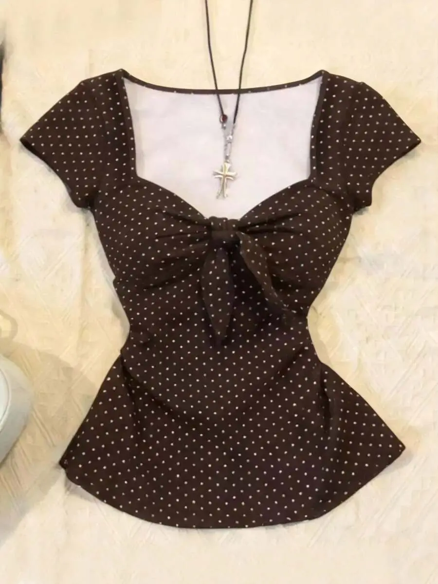 Women's Polka Dot Twist Casual Versatile Daily Wear Shirt, Sweet Cute Ruched Summer/Autumn Top For Everyday, Daily Outdoor