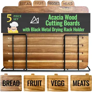 Acacia  Boards for Kitchen with Holder 13" x 11" x 2.5" | Labeled   Board Sets | Large Wooden  Board Set of 4 with Black Organized Stand | Non  Chopping Board