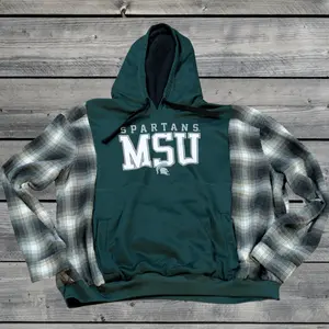Upcycled MSU Sweatshirt with Flannel Sleeves Size Large Spartans MSU Logo Green Hoodie for Men Comfortable & Stylish
