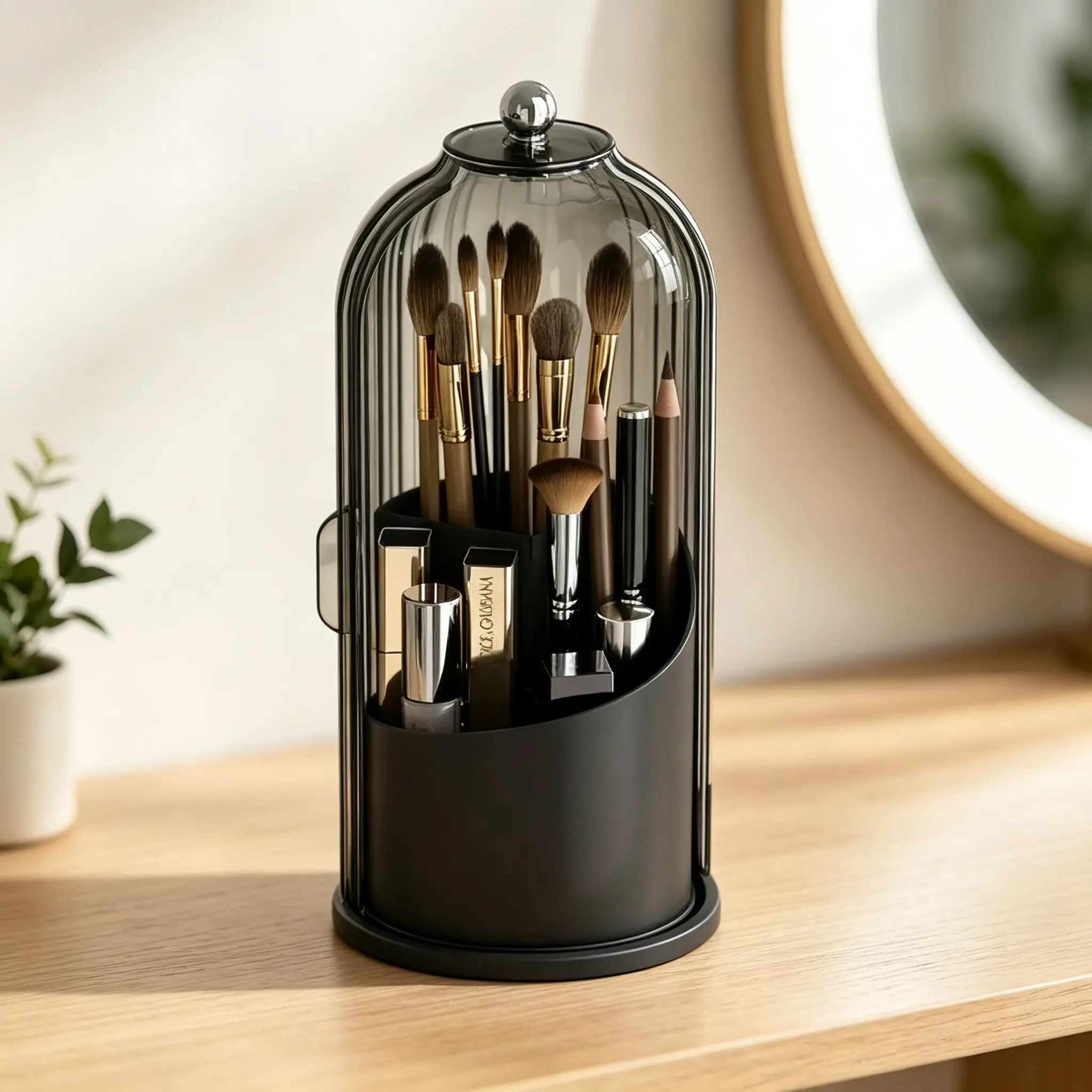 Rotating Toothbrush Holder with Dustproof Clear Cover, 360° Swivel Electric Toothbrush Toothpaste and Makeup Brush Organizer, Large Capacity Multi-Functional Bathroom Countertop Storage Caddy, Vanity Skincare Tool Holder, Modern Aesthetic Home Decor