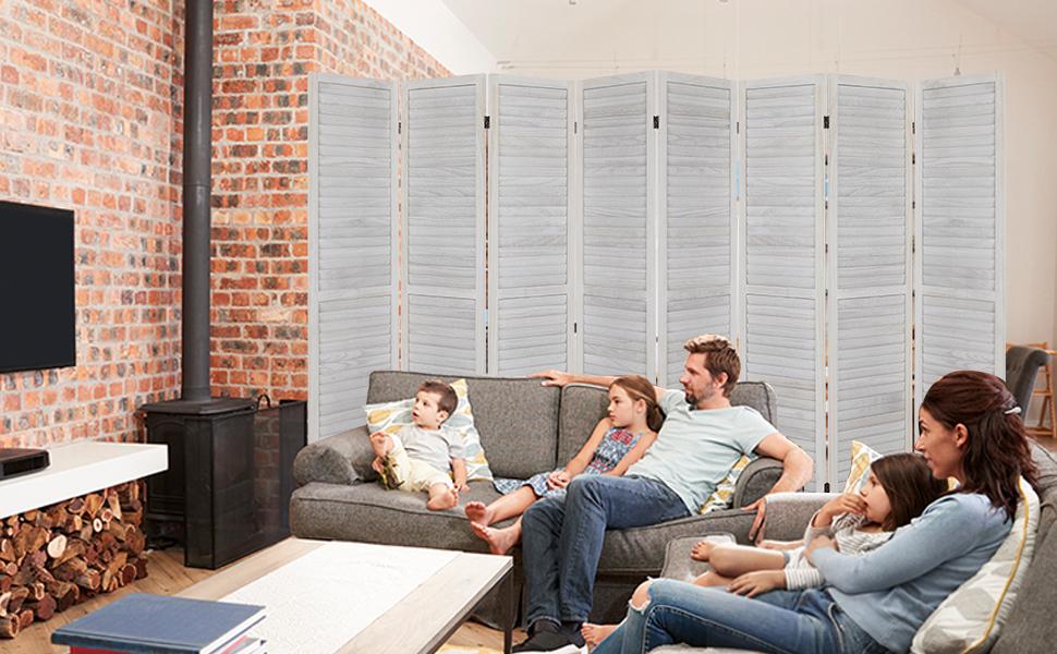 Fionafurn8PanelRoomDivider-FoldingPartitionPrivacyScreen,67"TallLouveredWoodWhiteDividerforHomeBedroomLivingRoomApartmentDorm,PortableFreestandingWallSeparator,NoAssemblyNeeded,360°Hinges,Light&AirFlow