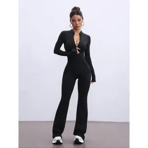 Women's winter sports jumpsuit, tight fitting long sleeved zipper hoodie, flat and thick knitted fabric below the ankle, tight fitting jumpsuitRAIMENTRY