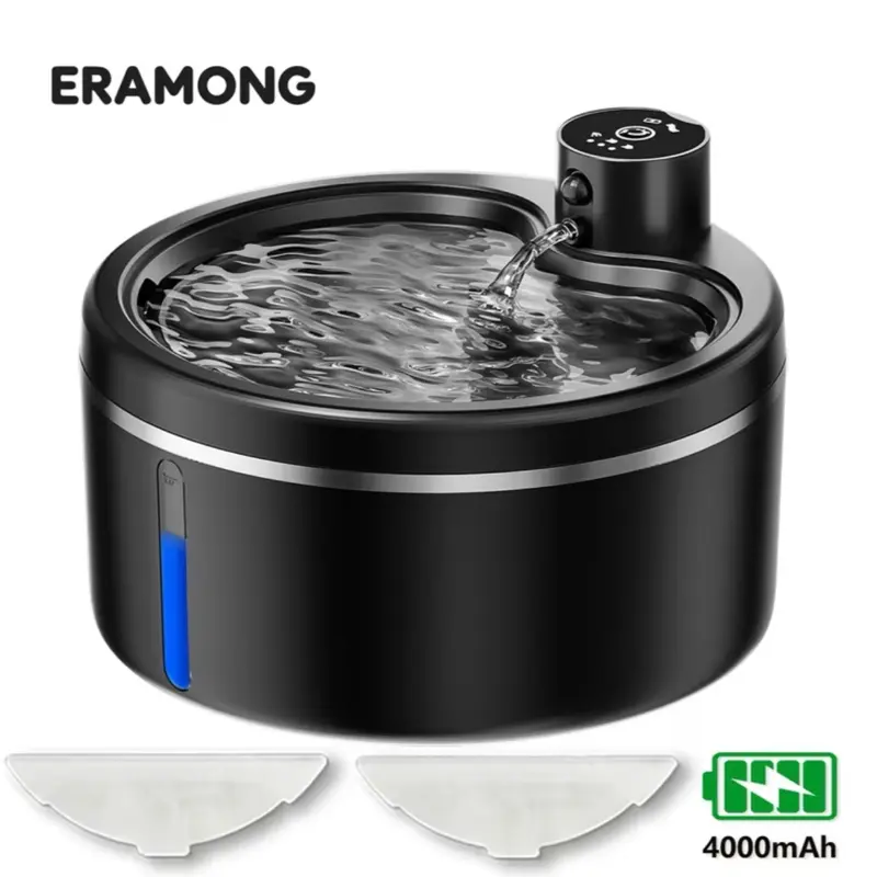 Cordless Stainless Steel Basin pet Water Fountain, Rechargeable Battery Operated Pet Waterer with Motion Sensor & 2 Filters
