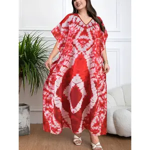 Plus Size Kaftan Dress Bohemian Style Floral Print Polyester Long Robe with V-Neck and Batwing Sleeves, Middle-Eastern Burqa-Inspired Maxi Dress with Side Split for All Seasons
