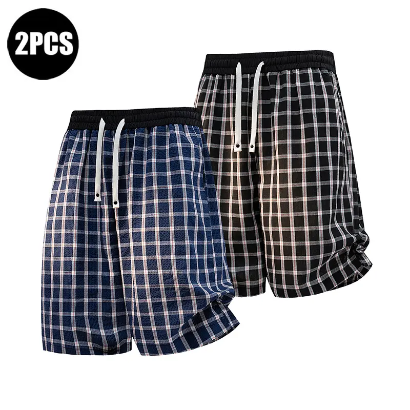 Men's Plaid Drawstring Shorts - Comfortable Essential Loose Fit Elastic Waist Bottom, Summer Y2K Street Style Lightweight Beach Casual 5-Quarter Pants, Black