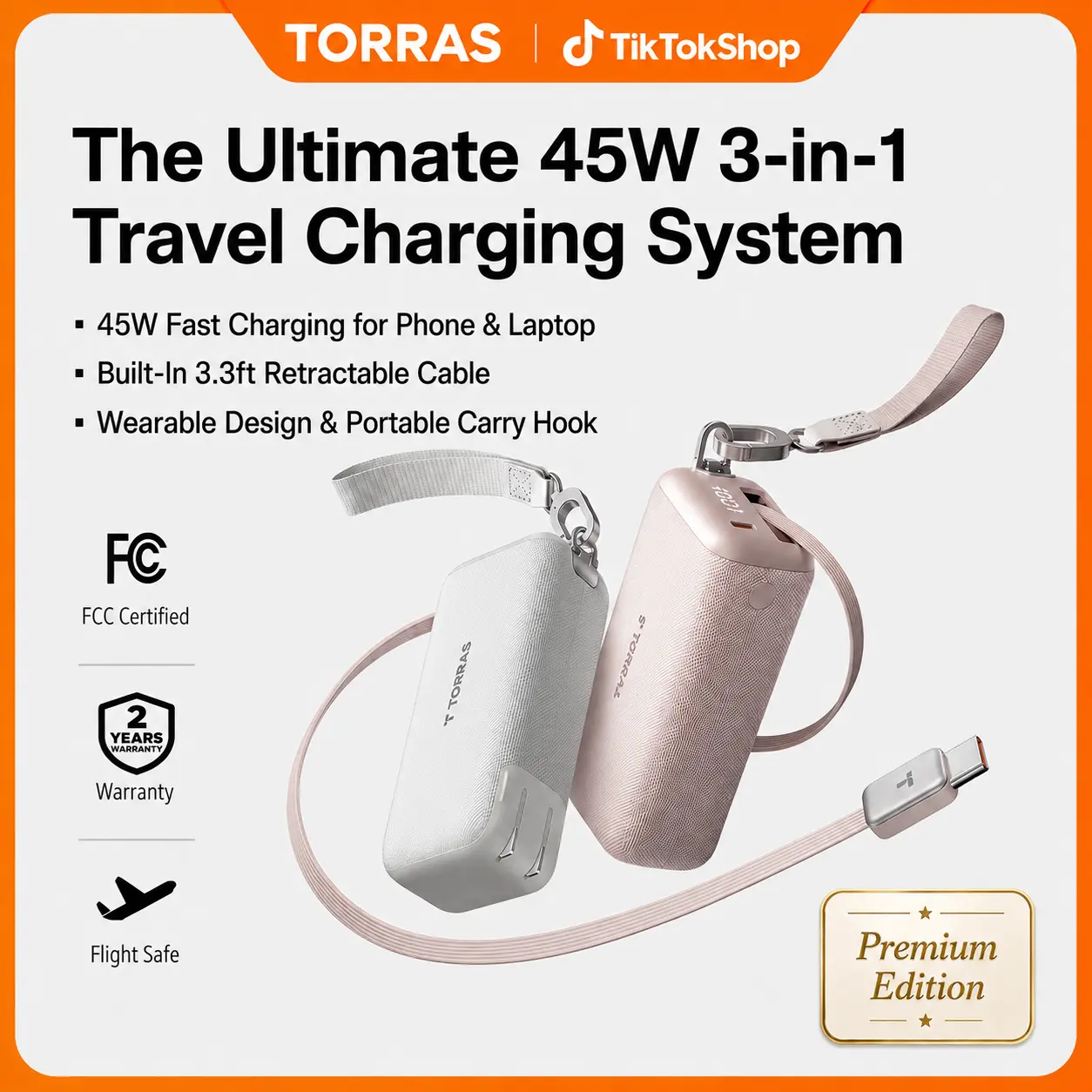 TORRAS PowerGo 3in1 Travel PowerBank Charger 45W Fast Charging 10000mAh Portable Battery with 3.3ft Retractable Cable  Hook for iPhone iPad MacBook Galaxy - Compact, Device summerwins A