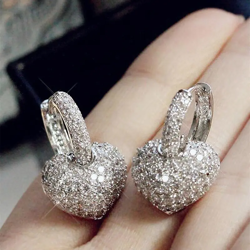 Rhinestone Heart Shaped Dangle High Quality Shining Earrings Dangling, 1 Pair Elegant Copper Ear Piercing Jewelry for Women, Anniversary Birthday Jewellery Gift