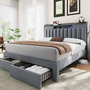 TryLazy Upholstered Flatform Bed Frame with 4 Storage Drawers No MATTRESS Queen Size Wood Slats Holds 900lbs No Noise Rivet Design USB Socket White