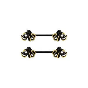 Kraken Octopus Nipple Barbell Straight Bar 14G Surgical Steel PVD Black Understated Octopus Nipplerings Rings Piercing Jewelry 9/16"