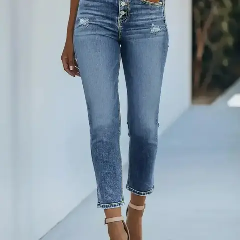 Women's Ripped Button Fly Skinny Stretchy Jeans, Distressed Skinny Jeans, Fashion Casual Denim Pants for Daily Outdoor Wear, Ladies Bottoms for All Seasons