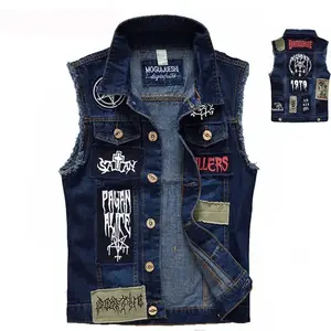 Classic Vintage Men's Jeans Vest Sleeveless Jackets Fashion Patch Designs Punk Rock Style Ripped Cowboy Frayed Denim Vest Tanks Tops Slim Fit Pockets Menswear
