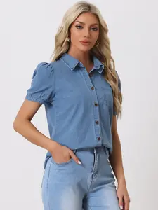 INSPIRE CHIC Women's Denim Tops Short Puff Sleeve Spread Collared Pocket Button Up Jean Shirt