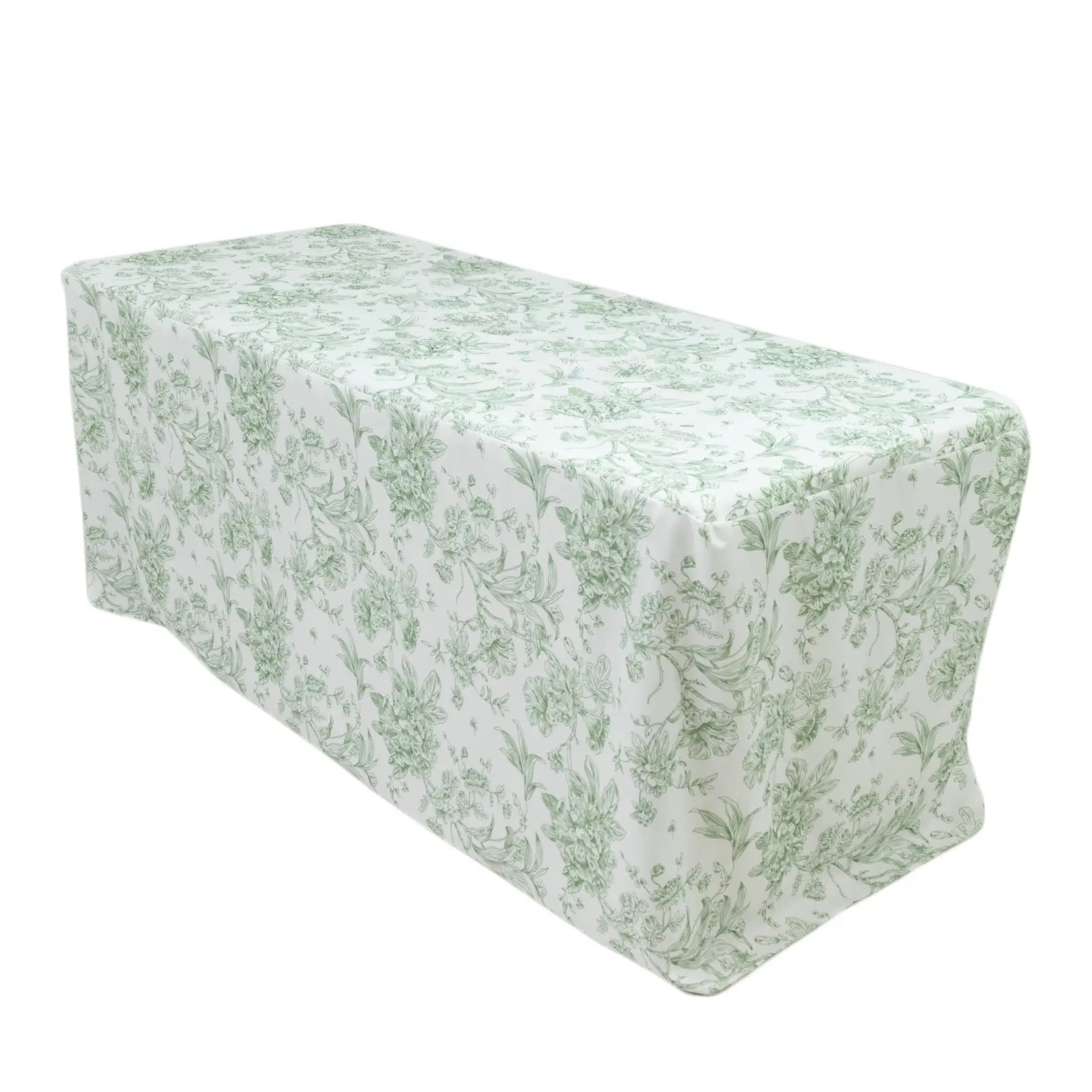 French Toile Fitted Tablecloth 6ft – Dusty Sage Green & White Rectangular Polyester Wrinkle-Resistant Table Cover