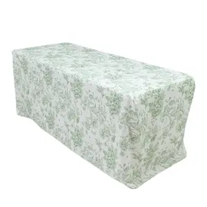 French Toile Fitted Tablecloth 6ft – Dusty Sage Green & White Rectangular Polyester Wrinkle-Resistant Table Cover
