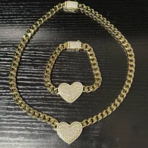 Heart Set Chain 18" and Bracelet 8" - Gold Plated with Pave Diamond Heart Pendant - Fashion Jewelry for Women
