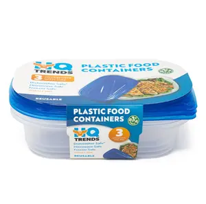 Rectangular Plastic Containers with Blue Lids 900ml/30oz Set of 3