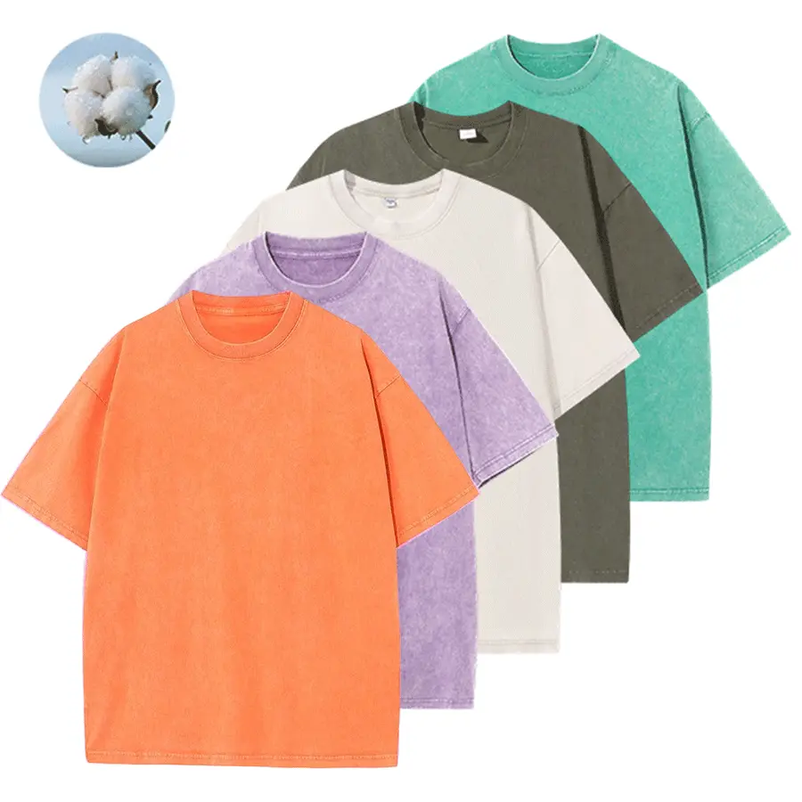 Men's 5-Pack Oversized T-Shirt in Heavyweight Cotton, Vintage Distressed Plain Top with Drop-Shoulder Short Sleeves, Stylish Round Neck Casual Fit Streetwear, Foldable