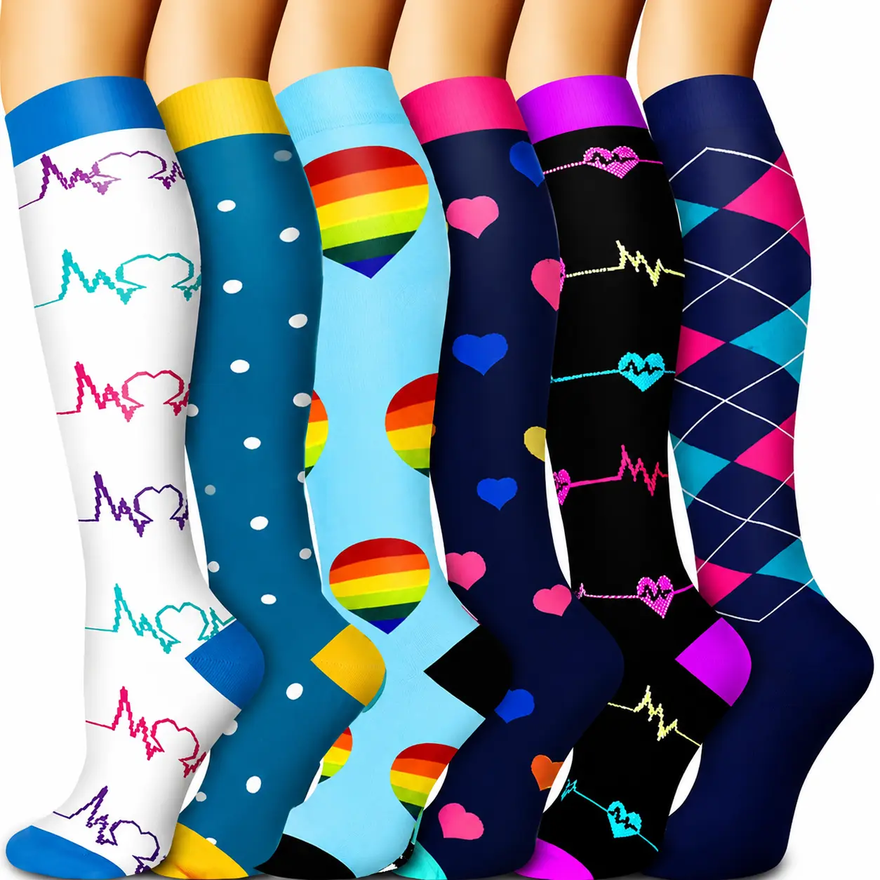 MhzyCaus  6-Pack Knee High Socks for Women & Men, High Stretch Colorful Pattern Calf Socks, Soft Breathable Lightweight Dry Feel Socks for Running, Work, Travel, Workout & Everyday Wear  ：