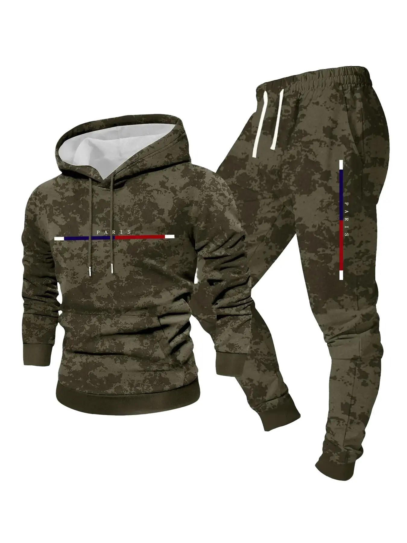 Men's 2-Piece Chic Knitting Longsleeves Hooded Sweatshirt & Ribbed Pants Set - Menswear Clothes with Paris Stripe Print, Camouflage Activewear, Light Stretch, Detailed Pockets, Regular Cuffs, Leisure, Outdoor Walks