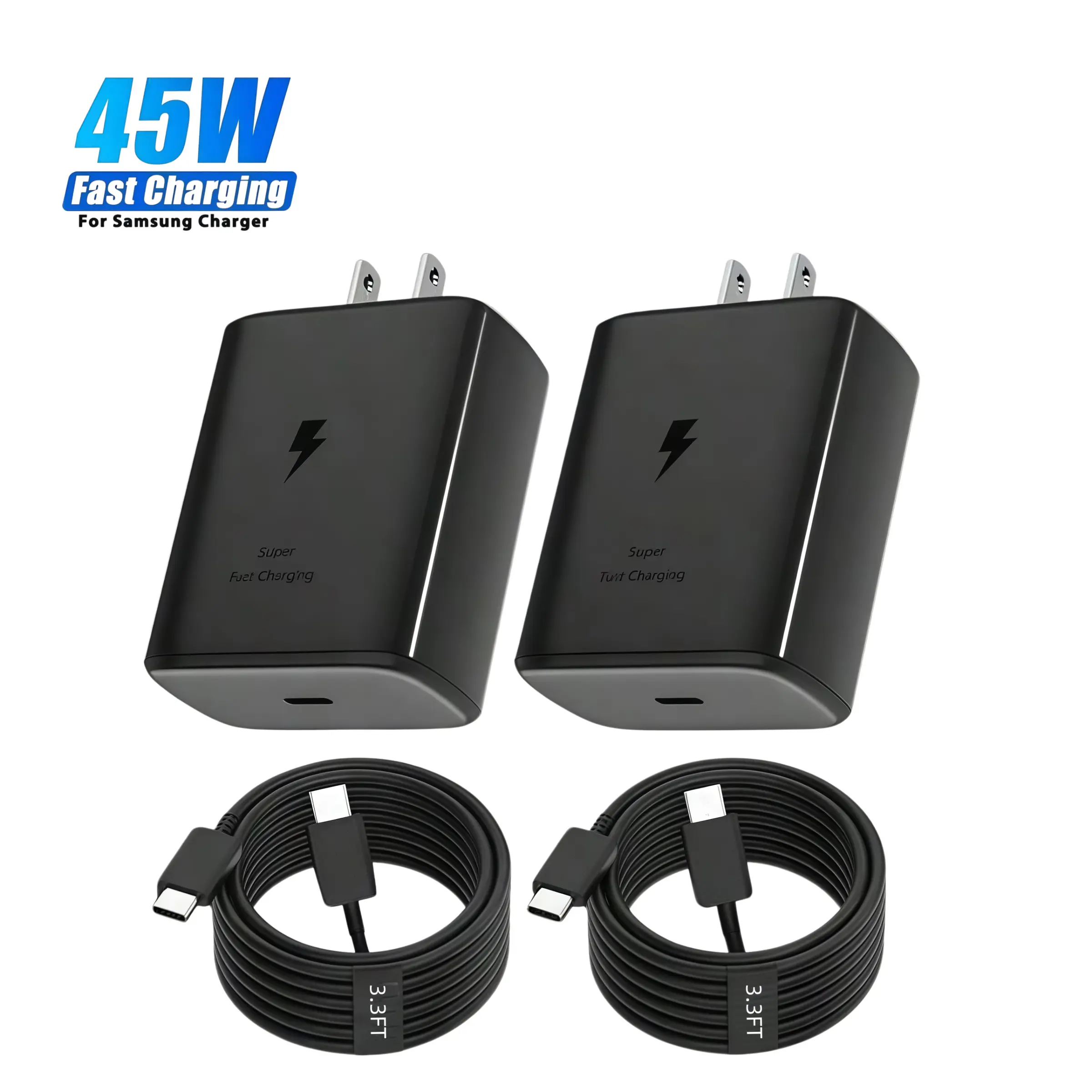 2-Pack 45w Ultra-Fast Charger Kit Type-C Wall Adapter, High-Power Fast Charging, PD Fast Charging, Compatible with Samsung S Series/iPhone, Includes Two Type-C Cables