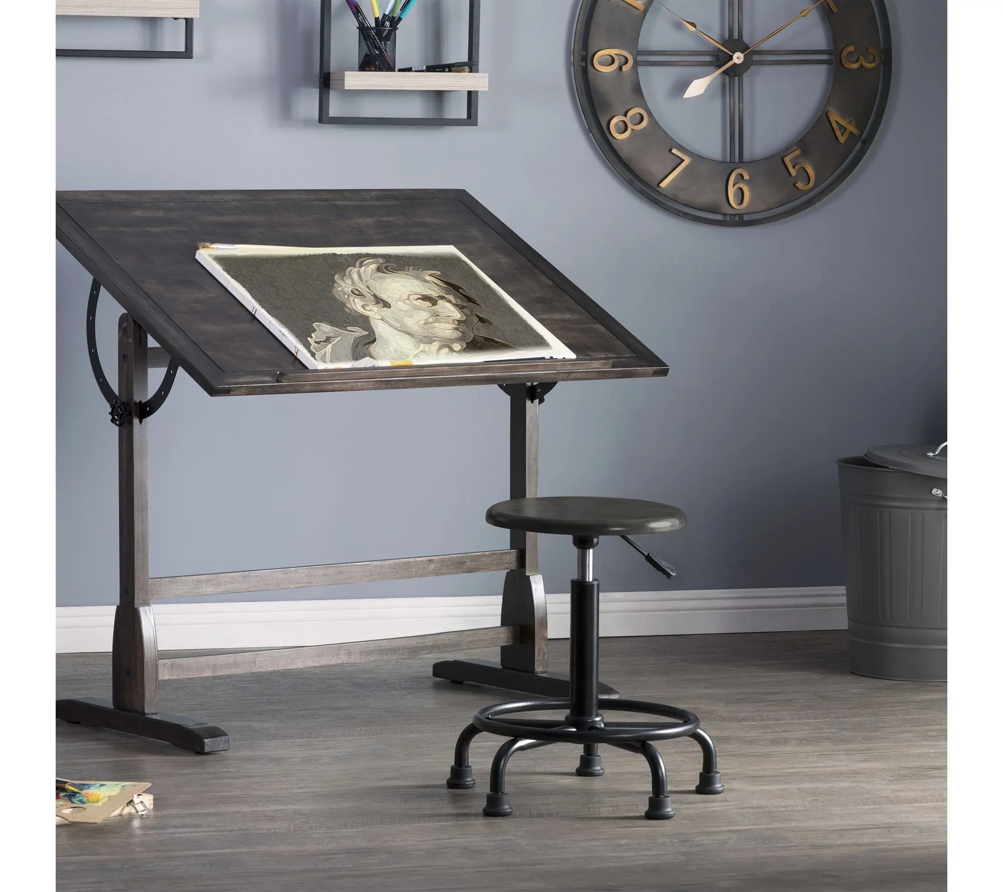 Studio Designs Retro Wood Metal Height Adjustable Stool