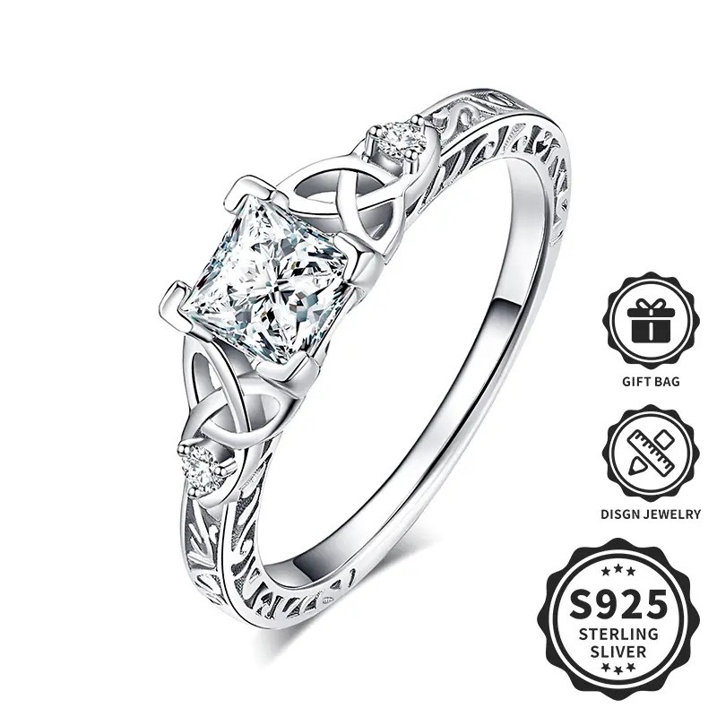 Elegant 925 Sterling Silver Women's Ring, Vintage Celtic Knot, Square Cut Synthetic Zirconia Women's Solitaire Engagement Ring