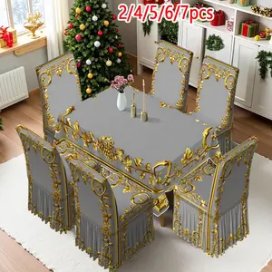 2/4/6/5/7 pieces of fashionable and high-end chair cover and tablecloth sets, thickened chair cover and tablecloth sets (1 tablecloth + 4 chair covers or 1 tablecloth + 6 chair covers), easy to care for, reusable, for home decoration