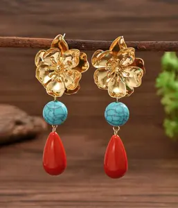 Metal Flower Petal Golden Stamen Earrings
